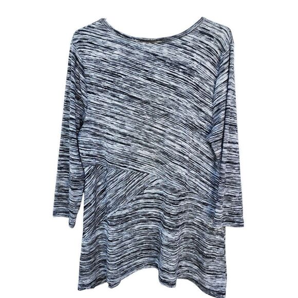 JM Collection Heathered Blouse 3/4 Sleeve Shark Bite Top Stretch Black White L - Picture 2 of 5